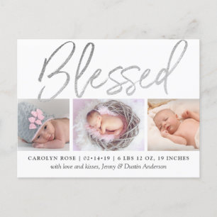 "Blessed" Silver Foil 3 Photo Birth Announcement Postcard