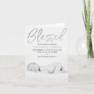 "Blessed" Silver Foil Photo Birth Announcement