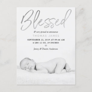 "Blessed" Silver Foil Photo Birth Announcement Postcard