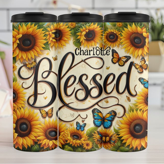 Blessed: Sunflowers and Butterflies Radiate Thermal Tumbler (Creator Uploaded)