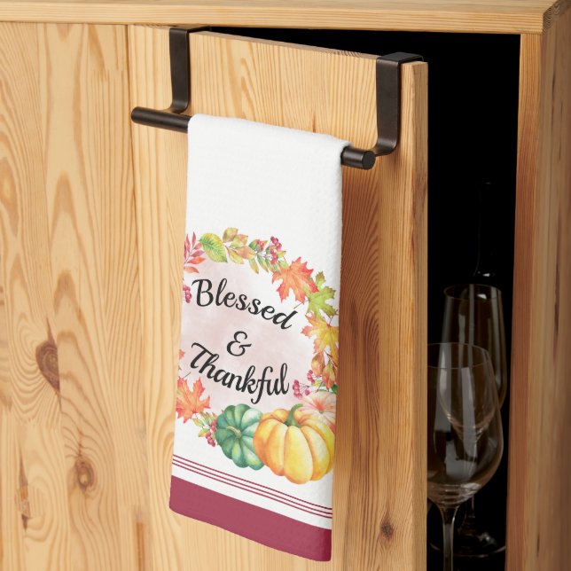 Blessed & Thankful Watercolor Fall Leaves Pumpkins Tea Towel (Thirds Fold)