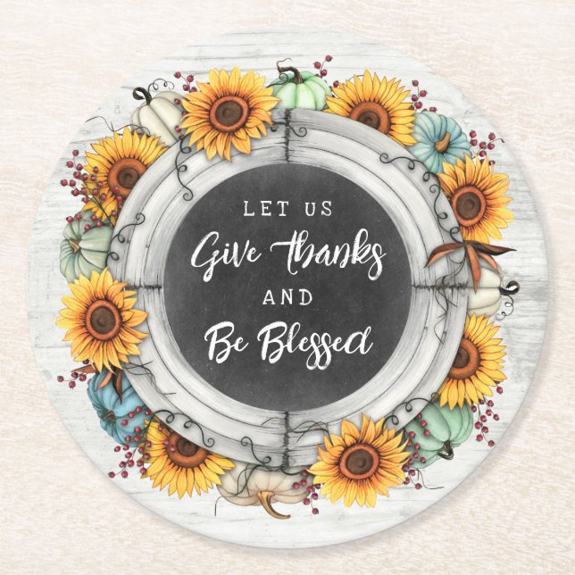 Blessed Thanksgiving Fall Sunflowers Family Dinner Round Paper Coaster (Front)