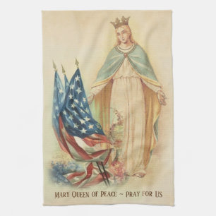 Blessed Virgin Mary American Flags Religious Tea Towel