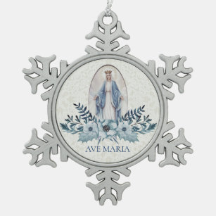 Blessed Virgin Mary Blue Flowers Lace Snowflake Pewter Christmas Ornament
