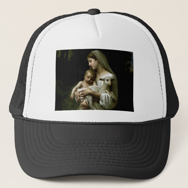 Blessed Virgin Mary Holding Child Jesus and Lamb Trucker Hat (Front)