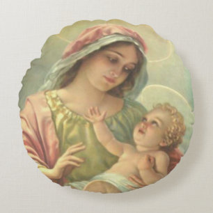 Blessed Virgin Mary holding the Baby Jesus Round Cushion