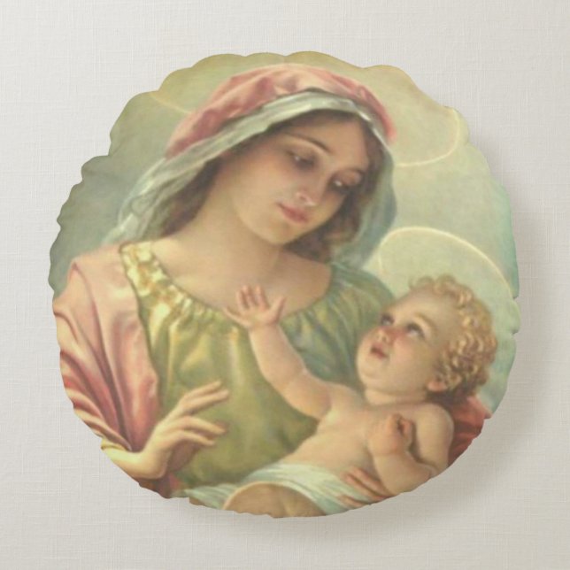 Blessed Virgin Mary holding the Baby Jesus Round Cushion (Front)