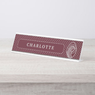 Blessed Virgin Mary in White Lace on Burgundy Desk Name Plate