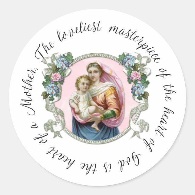 Blessed Virgin Mary Jesus Mother Quote Floral Classic Round Sticker (Front)
