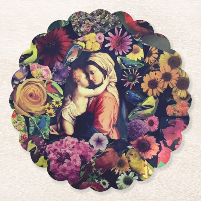 Blessed Virgin Mary Jesus Roses Flowers Religious Paper Coaster (Front)