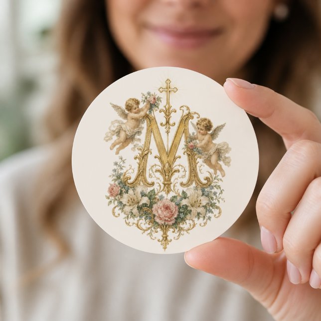 Blessed Virgin Mary Marian Monogram Catholic Classic Round Sticker (Creator Uploaded)