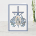 Blessed Virgin Mary Mother with Flowers Card<br><div class="desc">Beautiful traditional Catholic  vintage image of the Blessed Virgin Mary with blue floral bouquet overlaid on "M" Marian Cross. 
All text can be modified.</div>