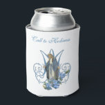 Blessed Virgin Mary Religious Catholic Blue Floral Can Cooler<br><div class="desc">Beautiful traditional Catholic image of Blessed Virgin Mary,  Our Lady of Grace overlaid on a Marian "M" with blue flowers. All text and fonts can be modified.  Suitable for any special occasion! Coordinating gift wrap is available in the Shower of Roses Shoppe also.</div>