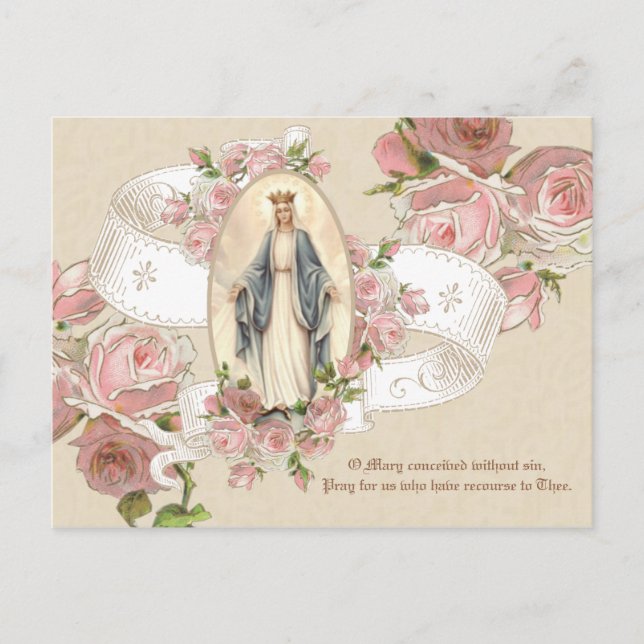 Blessed Virgin Mary Roses Vintage Religious Postcard (Front)