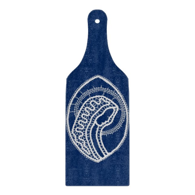 Blessed Virgin Mary, white lace, navy blue Cutting Board (Front)