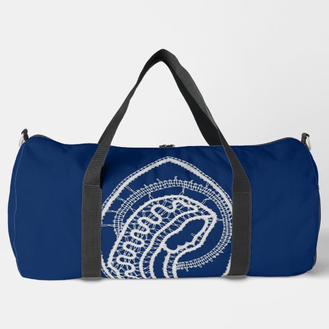 Blessed Virgin Mary, white lace, navy blue Duffle Bag (Front)