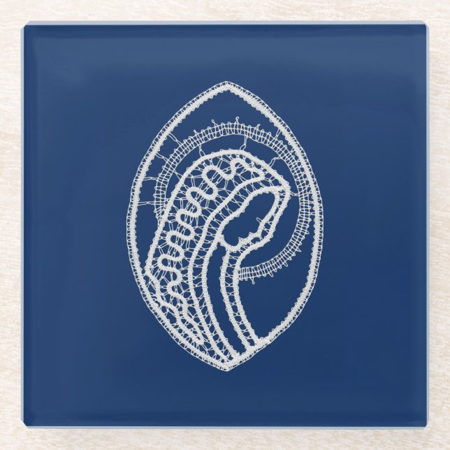Blessed Virgin Mary, white lace, navy blue Glass Coaster (Front)