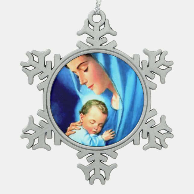 Blessed Virgin Mary with Baby Jesus Snowflake Pewter Christmas Ornament (Front)
