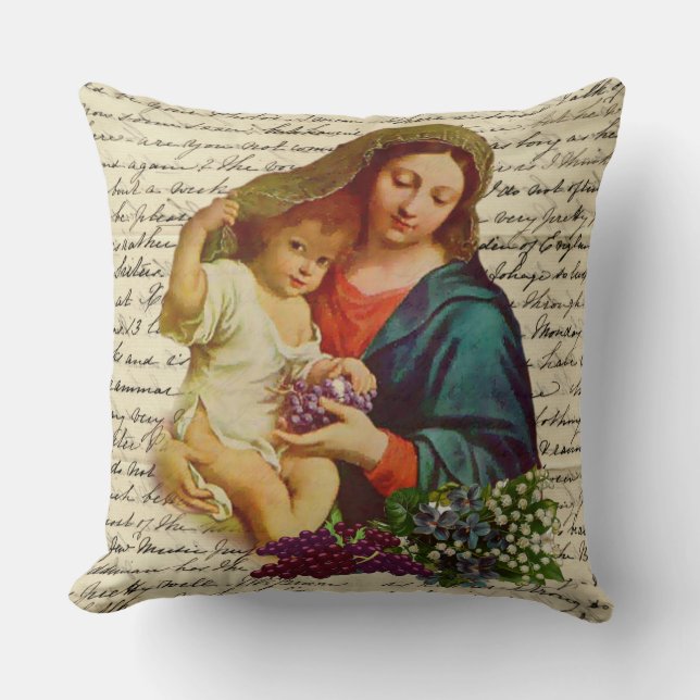 Blessed Virgin Mary with Jesus holding Grapes Cushion (Front)