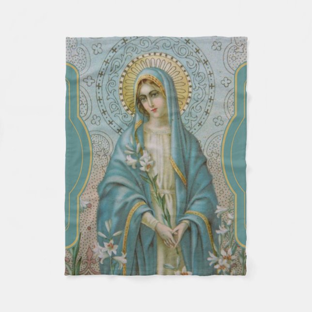 Blessed Virgin Mother Mary  with Lilies Fleece Blanket (Front)