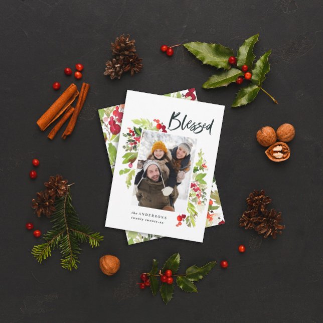 Blessed watercolor floral and foliage christmas holiday card (Creator Uploaded)