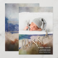 BLESSED Watercolor Photo Birth Announcements