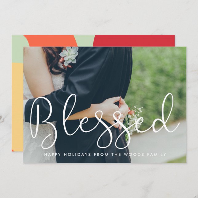 Blessed Whimsical Script Photo Christmas Holiday Card (Front/Back)