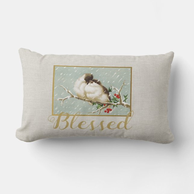 Blessed Winter Vintage Snow Birds Lumbar Cushion (Front)