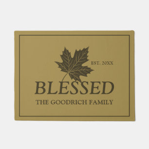 Blessed with Maple Leaf and Custom Name. Brown Doormat