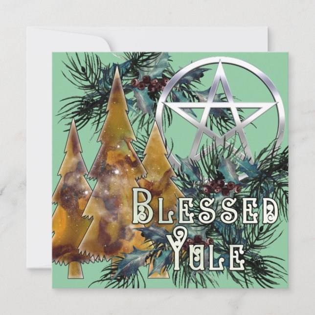 Blessed Yule Silver Pentacle Holly and Pine Holiday Card (Front)