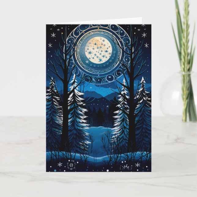 Blessed Yule Winter Solstice Cosy Full Moon Forest Holiday Card (Front)