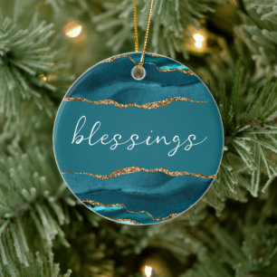 Blessing Inspirational Word Teal Turquoise Agate Ceramic Tree Decoration