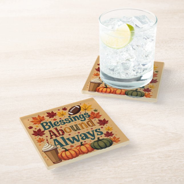 Blessings Abound Always Autumn Design Glass Coaster (Angled)