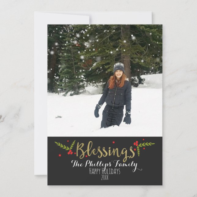 Blessings Black Gold & Red Christmas Holiday Photo (Front)