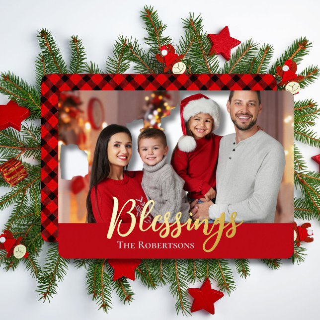 Blessings Family Photo Christmas Red & Black Plaid (Creator Uploaded)