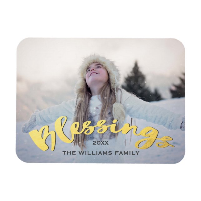 Blessings Faux Gold Script Holiday Christmas Photo Magnet (Horizontal)