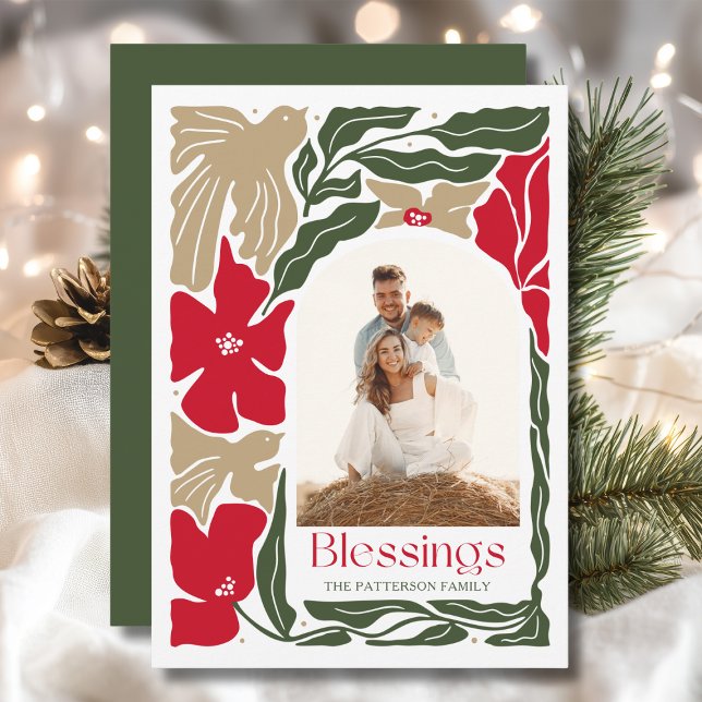 Blessings Floral Modern Christmas Family Photo  Holiday Card (Creator Uploaded)