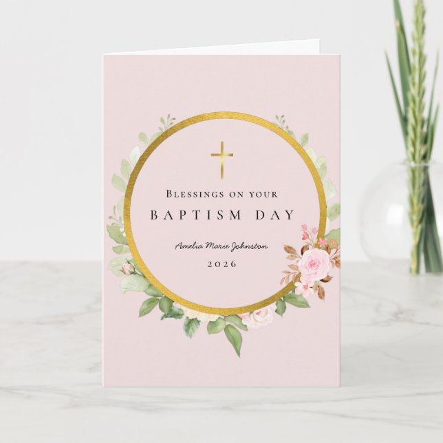 Blessings for Baptism Rose Gold Botanical Card (Front)