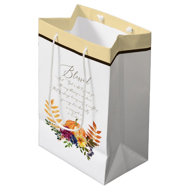 Blessings in abundance fall pumpkins and mums  medium gift bag (Front Angled)