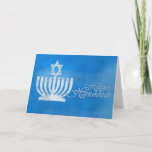 Blessings of the Menorah Holiday Card<br><div class="desc">5” x 7” Christmas greeting card with an image of a white menorah topped with a Star of David and a holiday sentiment on blue. The inside customisable text reads “May this joyous season bring you peace, health, and happiness throughout the coming year”. Image of a blue Star of David...</div>