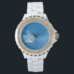 Blessings of the Menorah Watch<br><div class="desc">Women’s rhinestone white enamel watch with an image of a pale blue and white menorah topped with a Star of David on grungy blue. See matching square button, square charm and rectangular double-sided acrylic keychain. See the entire Hanukkah Watch collection under the ACCESSORIES category in the HOLIDAYS section.</div>