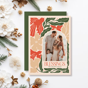 Blessings Red Birds Botanical 2 Photo Christmas Holiday Card
