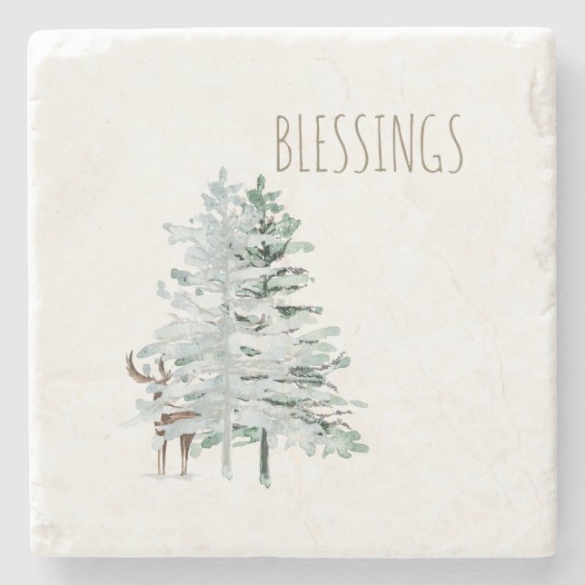 Blessings Woodland Trees & Deer  Stone Coaster (Front)