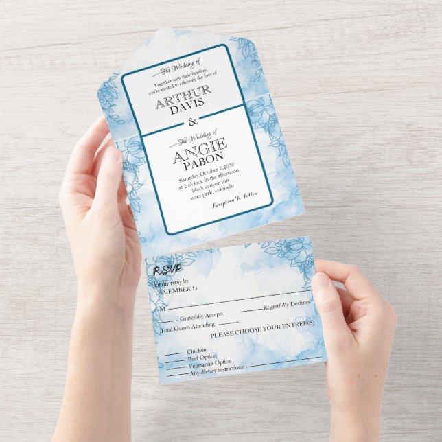 bleu marine avec des fleu All in One Wedding Invit Invitation (Tearaway)