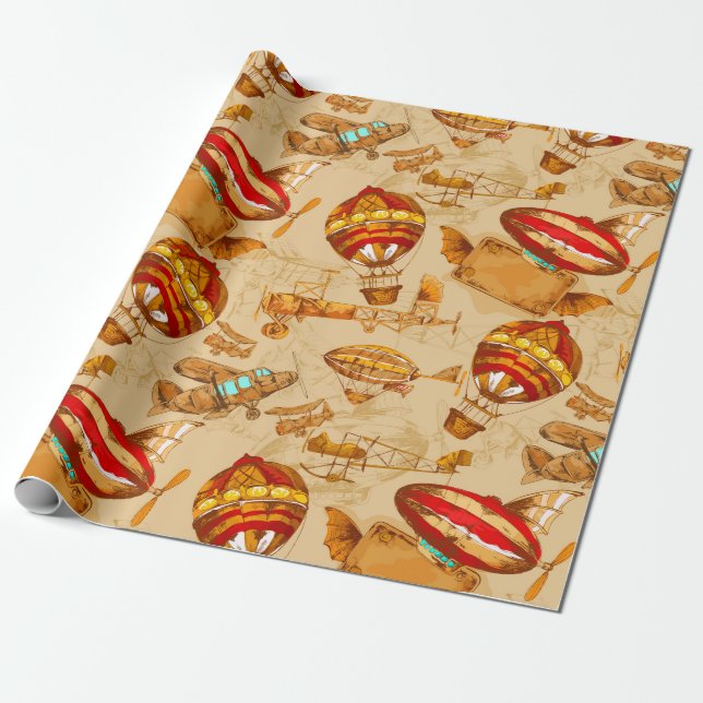 Blimp/Vintage Aeroplane Wrapping Paper (Unrolled)
