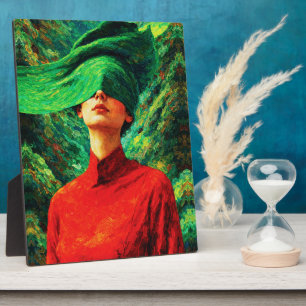 Blindfolded Woman in Red Nature Fusion Impasto Plaque