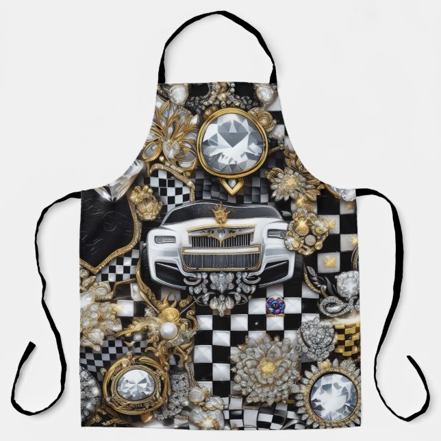 bling black white gold checks apron (Front)