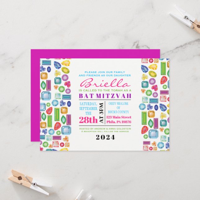 BLING BLING Gemstone Bat Mitzvah Invitation (Front/Back In Situ)