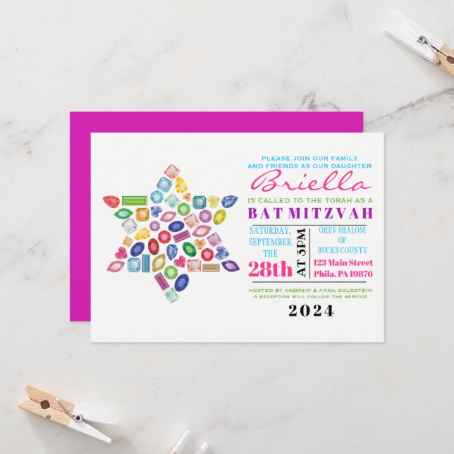 BLING BLING Gemstone Bat Mitzvah Invitation (Front/Back In Situ)