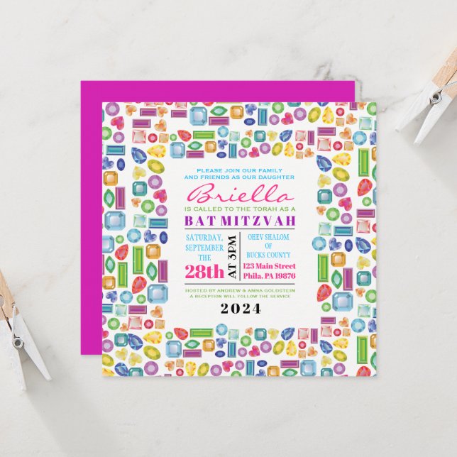 BLING BLING Gemstone Bat Mitzvah Invitation (Front/Back In Situ)